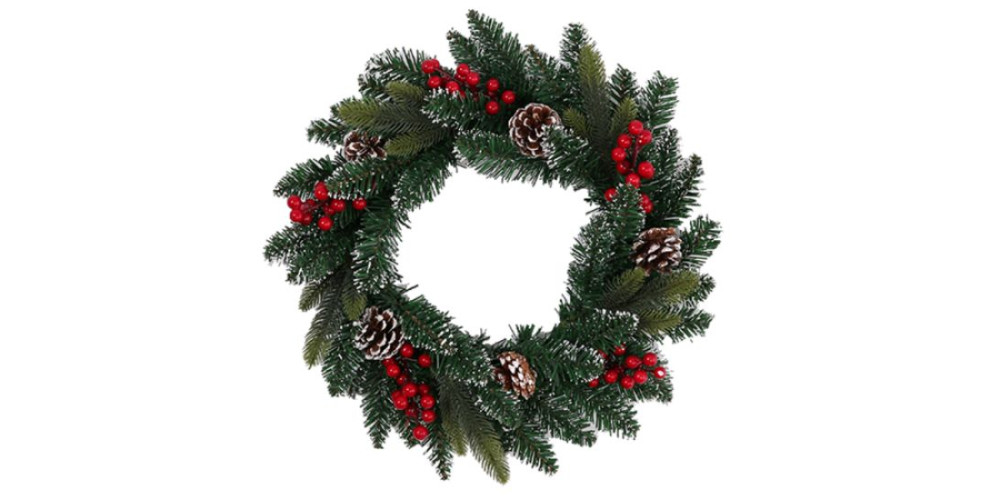 SNOW FROSTED SPRUCE AND PINE WREATH WITH CONES AND BERRIES