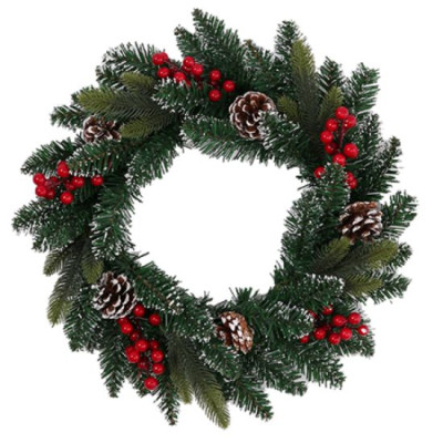 SNOW FROSTED SPRUCE AND PINE WREATH WITH CONES AND BERRIES
