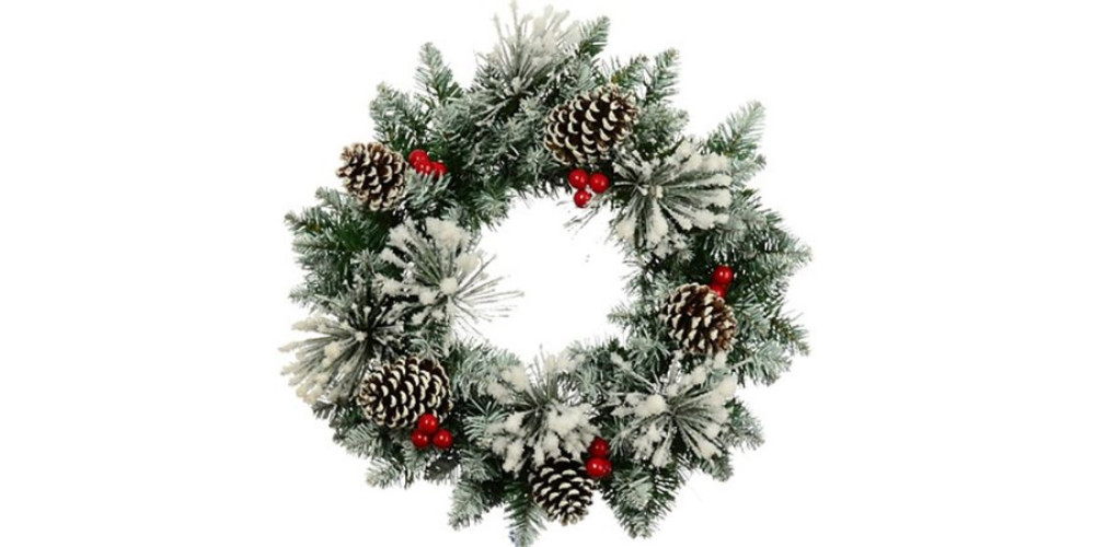 SNOWY CHRISTMAS SPRUCE AND PINE WREATH WITH CONES AND BERRIES 