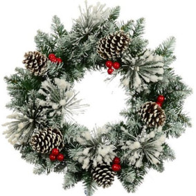 SNOWY CHRISTMAS SPRUCE AND PINE WREATH WITH CONES AND BERRIES 