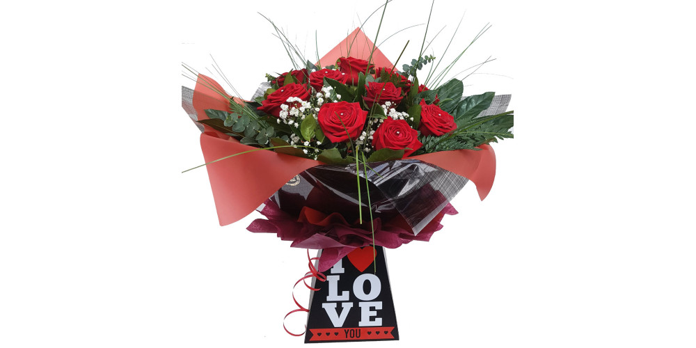 Luxury 12 Red Rose Hand-tied in I love you box