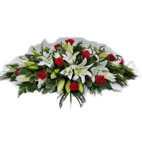 White Oriental Lily and Red Rose Casket Spray