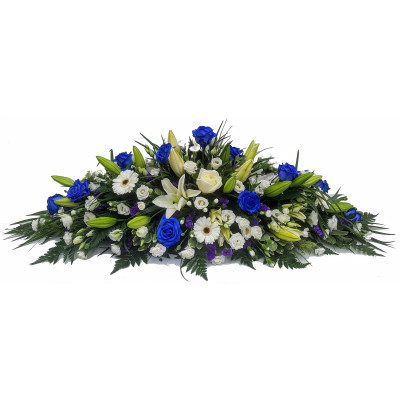 White Oriental Lily & Blue Rose Mixed Casket Spray