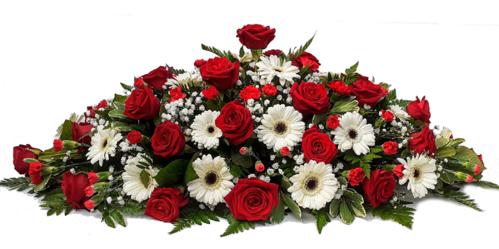 red roses and white casket spray