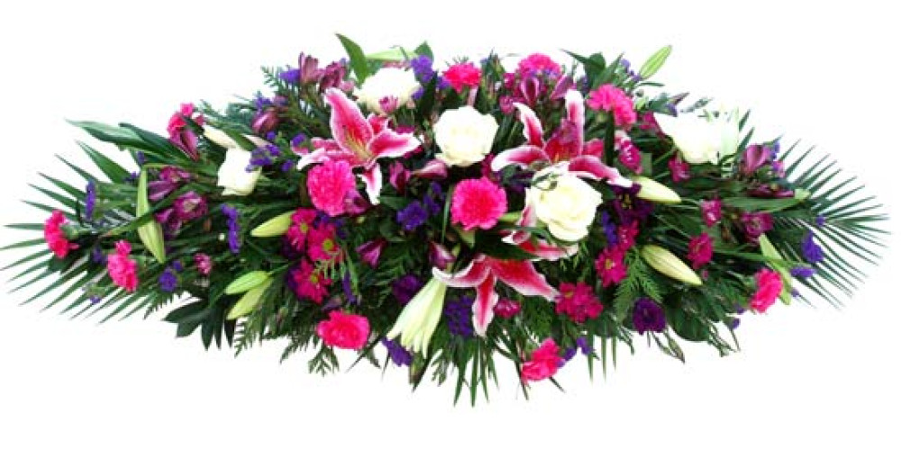 cerise and purple double ended casket spray
