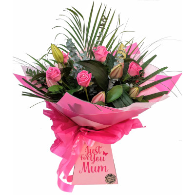 Pink Rose and Lily Mothers day Hand-tied Bouquet