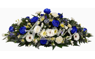 Blue and white casket