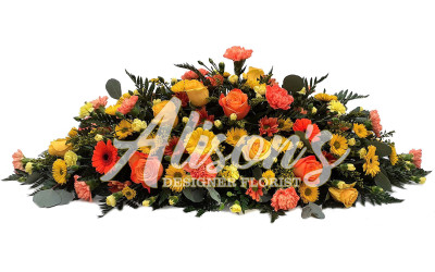 Florists Choice Orange and yellow Casket Spray