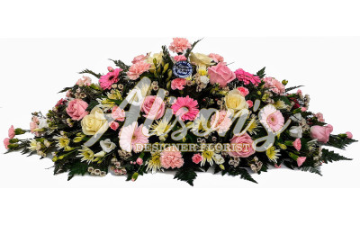Pink and white casket spray