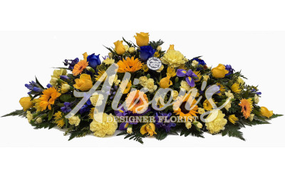 Yellow and blue casket spray